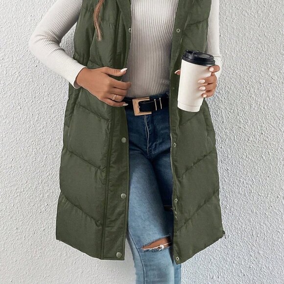 Army Green Casual Women's Zip Up Slant Pocket Sleeveless Hooded Padded Coat - Picture 2 of 4